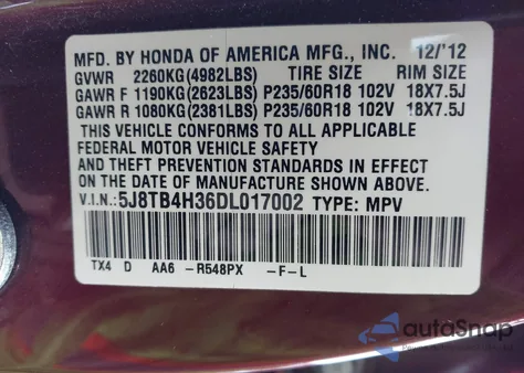 2013 Acura Rdx z USA, uszkodzony, nr VIN 5J8TB4H36DL017002